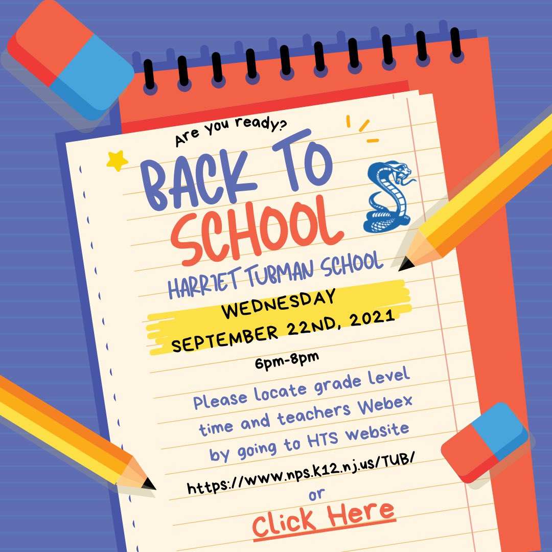 Attention Parents: Tomorrow is Virtual Back To School Night!!! Please go to nps.k12.nj.us/TUB/ and click on the flyer to see scheduled times to speak with the principal and your scholars teacher! See you there, virtually! 😎

#NPS #NewarkPublicSchools #HarrietTubmanSchool