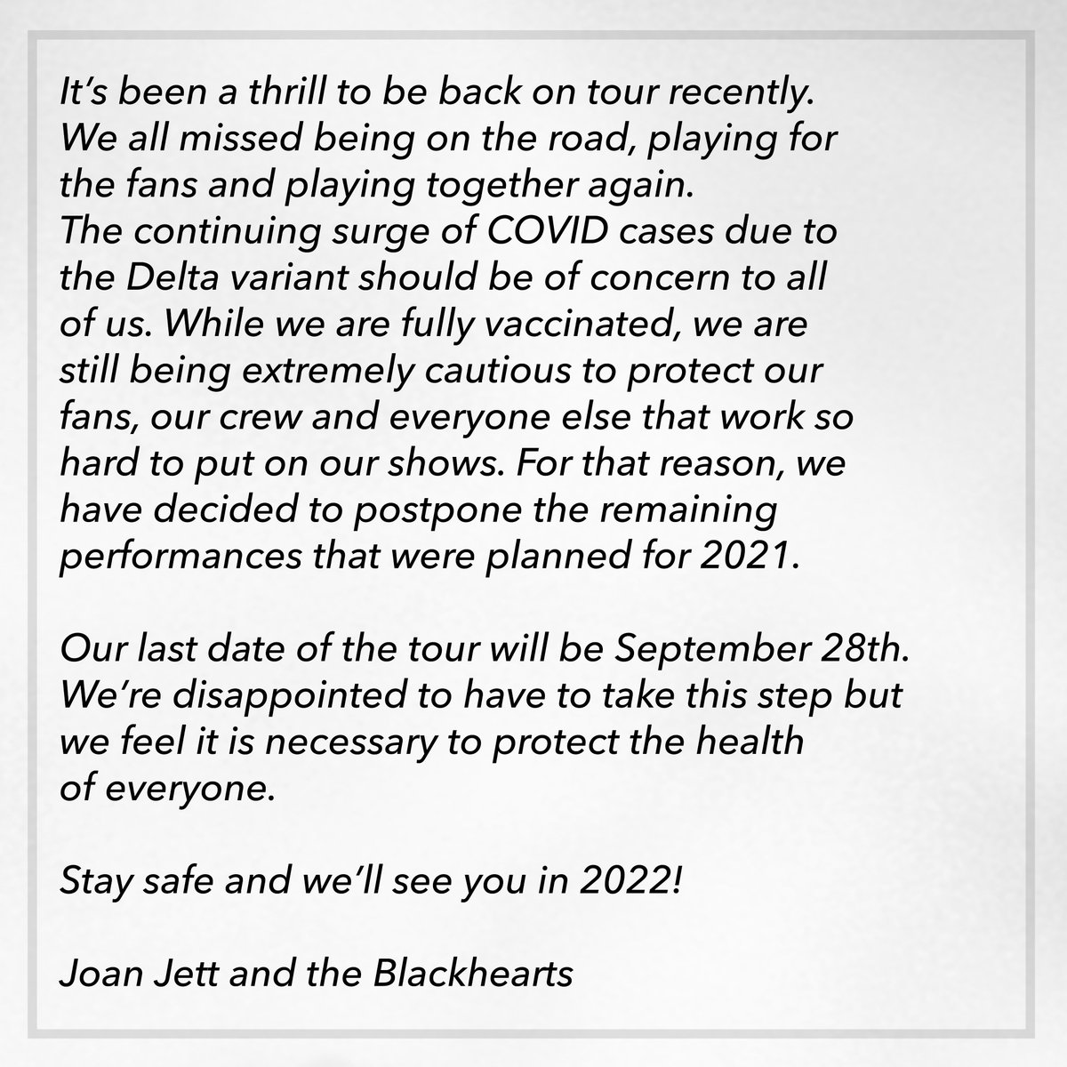 joanjett's tweet image. Statement about our remaining 2021 tour dates: