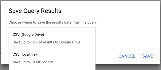 A little nugget we released today: now you can download up to 10 MB of query results in a CSV file directly from the BigQuery console UI (and if you need more, you can still save up to 1 GB in Drive and download from there)
#bigquery