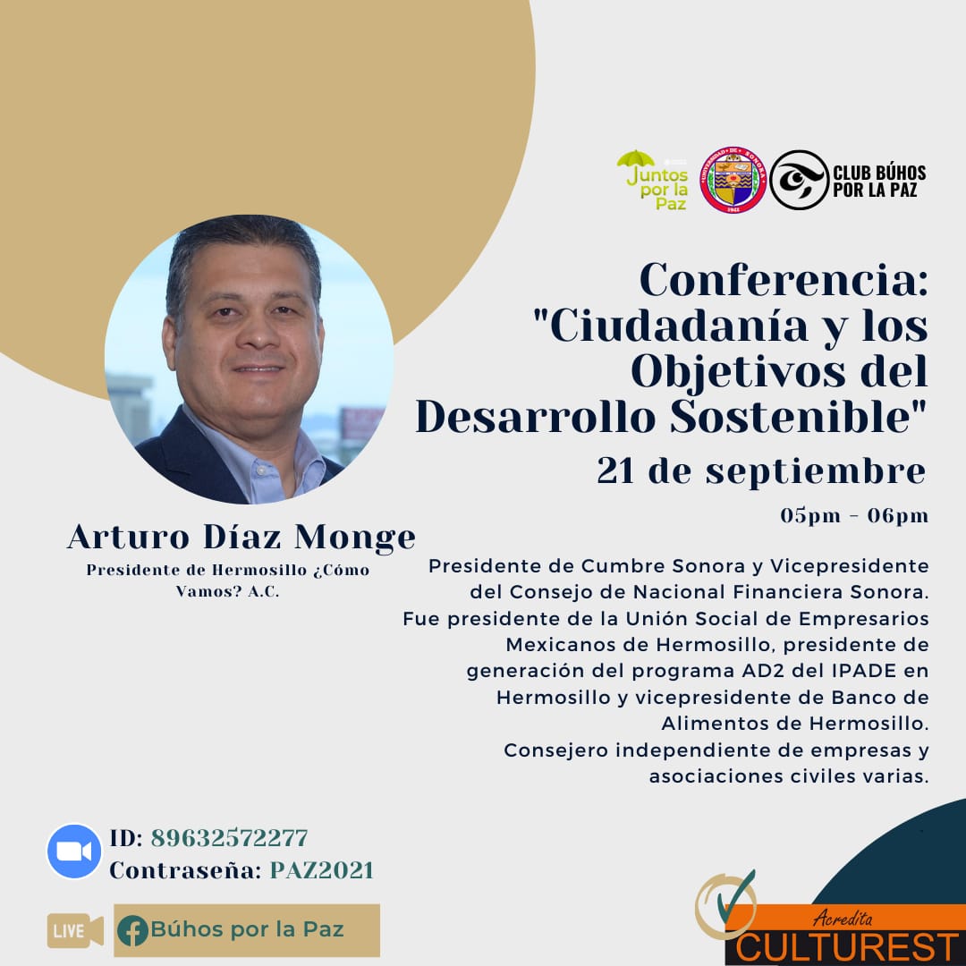 Agradecemos a <a href="/SoyUnison/">Soy Unison</a> por la invitación a <a href="/arturodiazmo/">Arturo Díaz Monge</a>, presidente de Hermosillo ¿Cómo Vamos?, para participar en 'La Semana por la Paz',  donde se hablará sobre participación ciudadana y desarrollo sostenible.
*Podrán verlo por FB Live.
*La cita es a las 5 PM.
#HMOComoVamos