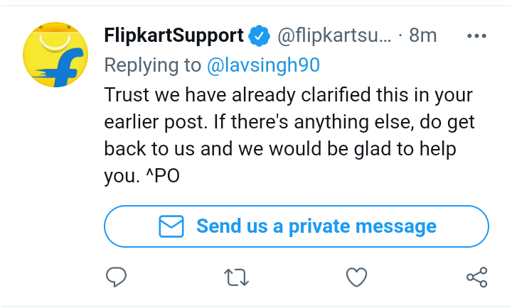lavsingh90's tweet photo. @flipkartsupport @Flipkart @PMOIndia @_Kalyan_K @jagograhakjago @BandBajaateRaho Not resolving the issue since 11th August 2021. Not refunding  amount. Not unblocking my account. Very wrost service. I had never see this type of service. Only getting this types of reply everytime https://t.co/Q63EM56hto