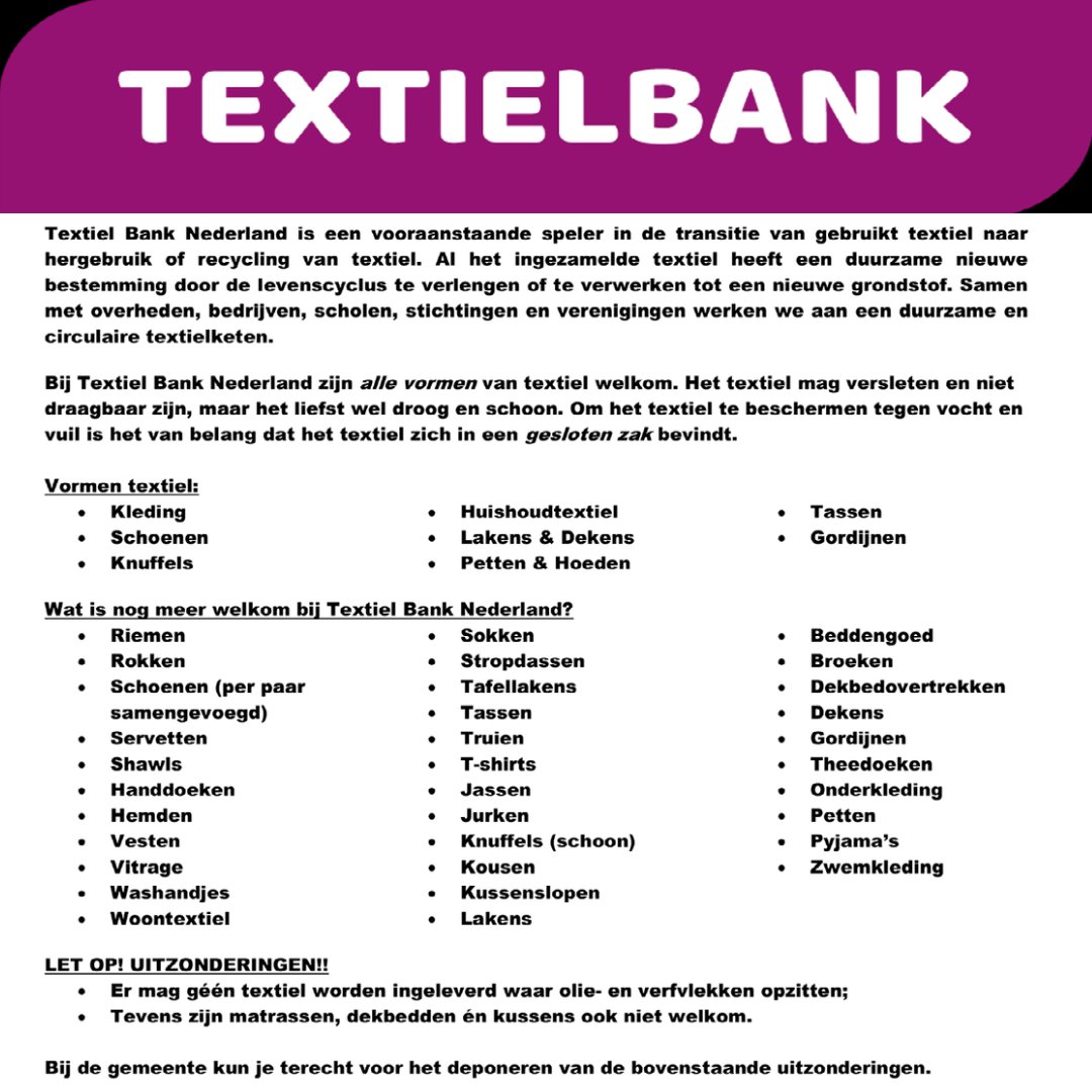 Dit jaar gaan we nog één keer op zaterdag 9 oktober van 11.00-13.00uur kleding inzamelen!
Ruim lekker je kast op en doneer de kilo's aan de harmonie, wij zijn er heel blij mee!
Ook bij deze ronde zijn buren, vrienden en familie welkom.