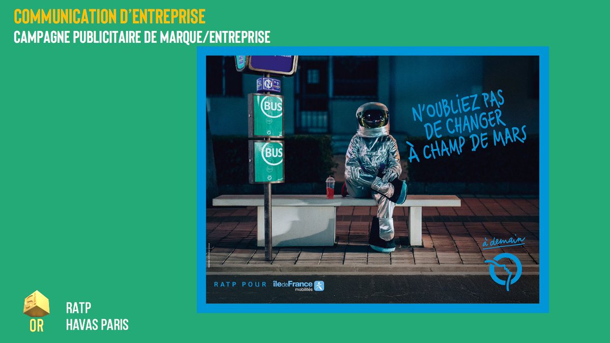 Festival Stratégies / Communication
Com d’entreprise / Campagne pub de marque : un OR pour <a href="/RATPgroup/">RATP Group</a> et l’agence <a href="/HavasParis/">Havas Paris</a> pour la réalisation « A demain ». Félicitation à eux !
#gpstrat #WeAreStrat #StratFestival #Strat50 #Communication #Corporate