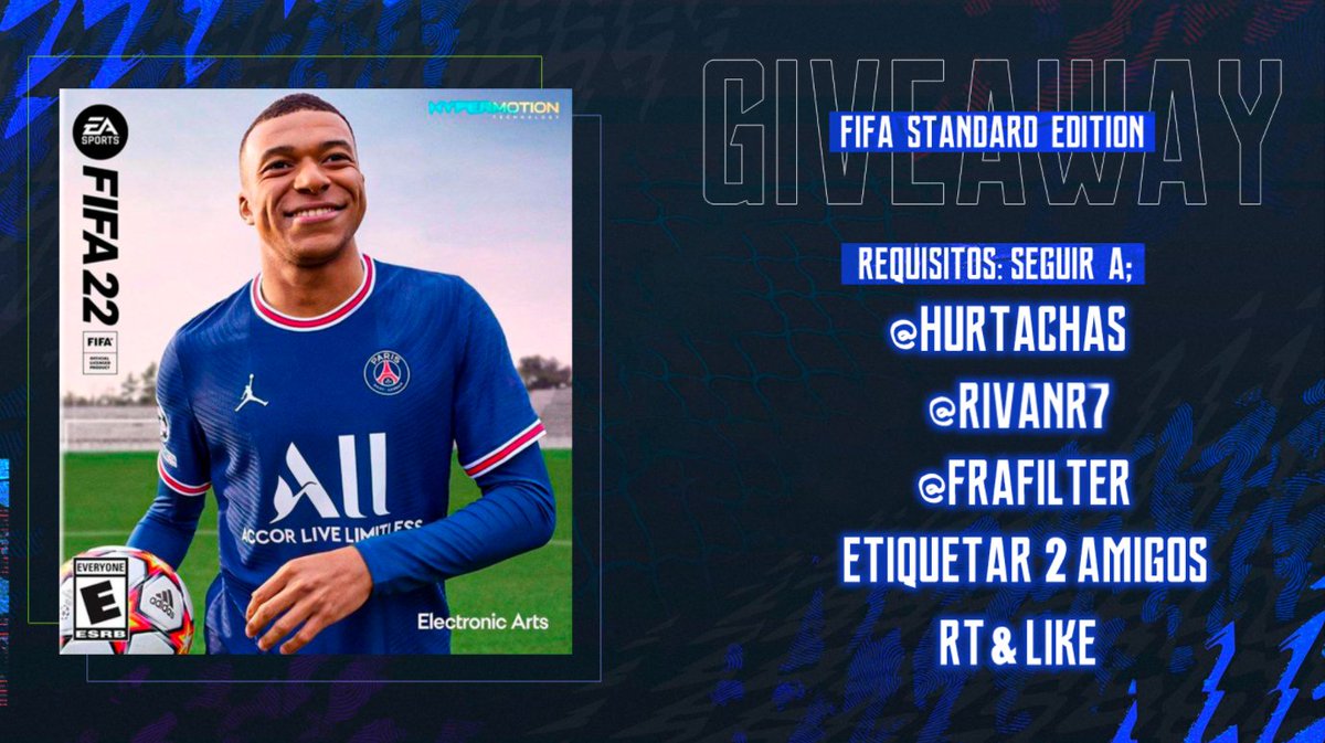 SORTEO DE FIFA 22 STANDARD EDITION📢📢📢

FIFA 22 está a nada de empezar y <a href="/hurtachas/">Hurtachas ⚽️</a> , <a href="/RivanR7_/">RIVANR7</a>  y yo estaremos sorteando un FIFA 22. Los pasos son:

✅Seguir a <a href="/hurtachas/">Hurtachas ⚽️</a> , <a href="/RivanR7_/">RIVANR7</a> y a <a href="/FraFilter/">FraFilter</a> 
✅Etiquetar a 2 amigos
✅Like y RT

El sorteo se hará el 29 de SEPTIEMBRE!!❤️