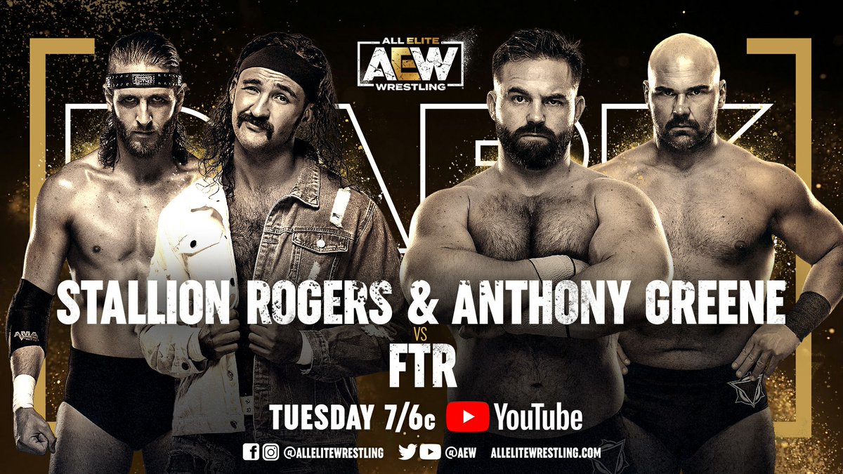 AEW's tweet photo. It's #AEW Grand Slam Week! 14 matches TONIGHT on #AEWDark at 7/6c - https://t.co/JW6AvtFGeN
- @CamronCRogers/@alternative_ag v #FTR (@DaxFTR/@CashWheelerFTR)
- @AllieKATCH v @SwoleWorld
- @bearbronsonBC v #EddieKingston
- #XTinaKay v #TheBunny (@AllieWrestling) https://t.co/UMM0xI8JQO