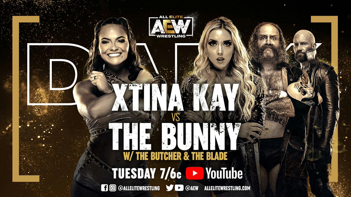 AEW's tweet photo. It's #AEW Grand Slam Week! 14 matches TONIGHT on #AEWDark at 7/6c - https://t.co/JW6AvtFGeN
- @CamronCRogers/@alternative_ag v #FTR (@DaxFTR/@CashWheelerFTR)
- @AllieKATCH v @SwoleWorld
- @bearbronsonBC v #EddieKingston
- #XTinaKay v #TheBunny (@AllieWrestling) https://t.co/UMM0xI8JQO