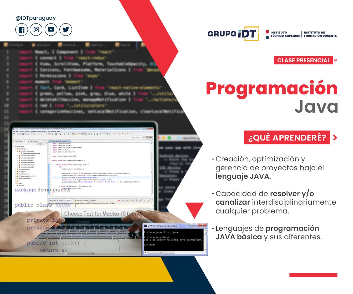 idtparaguay's tweet image. ☕ ¿Buscás expandir tus conocimientos de Java?
Aprovechá que pronto inicia el módulo #ProgramaciónJava en Modalidad Presencial#JAVA 💡
⠀⠀
📲 Para más info podés dejar un mensaje haciendo clic aquí bit.ly/3DUJLg1