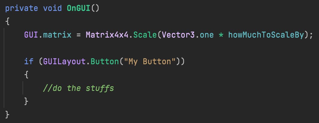 pixelplacement's tweet image. Unity Tip:
I recommend OnGUI for debug tooling, API testing and more but if you you find the rendered controls end up super tiny in your game view try this.