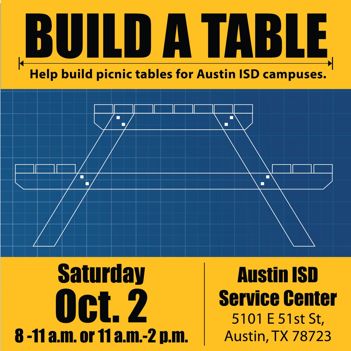 Wanted: Volunteers with experience using cordless drills, screwdrivers, and measuring tape to help build picnic tables for Austin ISD campuses. Oct. 2  8 a.m.-11 a.m.  OR 11 a.m.-2 p.m. 
#AISDProud
Learn more and register: bit.ly/AISDbuild