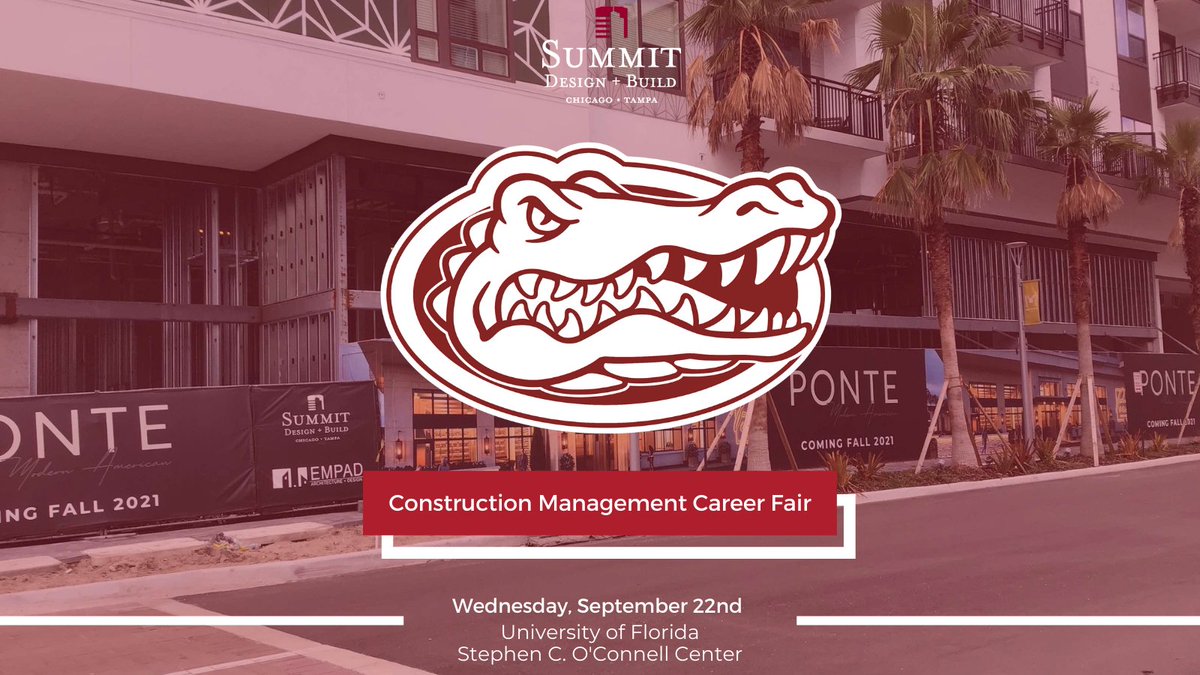 SummitDBTweets's tweet photo. Gator nation 🐊📣 We can’t wait to meet all of you at the @UFRinkerSchool Construction Management Career Fair tomorrow. Stop by our booth and learn what it means to #DoMore with Summit Design + Build #LifeAtSummit #ConstructionManagement #OneDCP
@UFdcp @UF https://t.co/WtLKfeyb4A