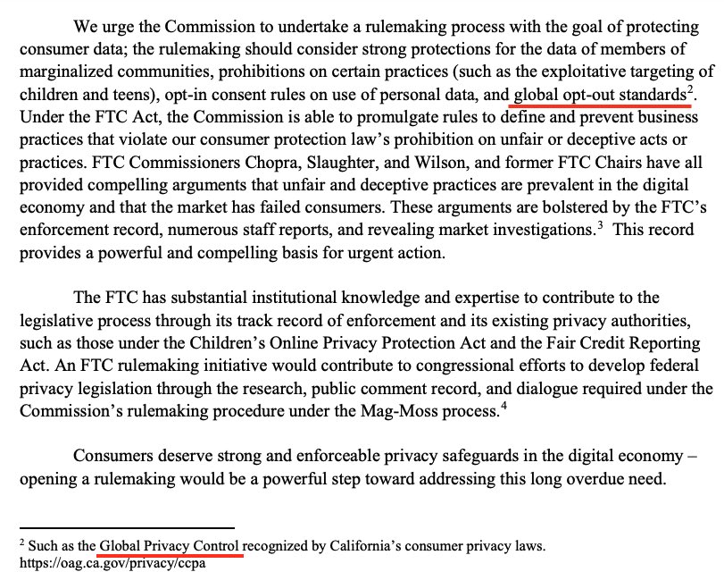 Strong signal (pun intended) from @SenBlumenthal urging @FTC to undertake rule-making for “global opt-out standards” including GPC. We agree! blumenthal.senate.gov/imo/media/doc/…