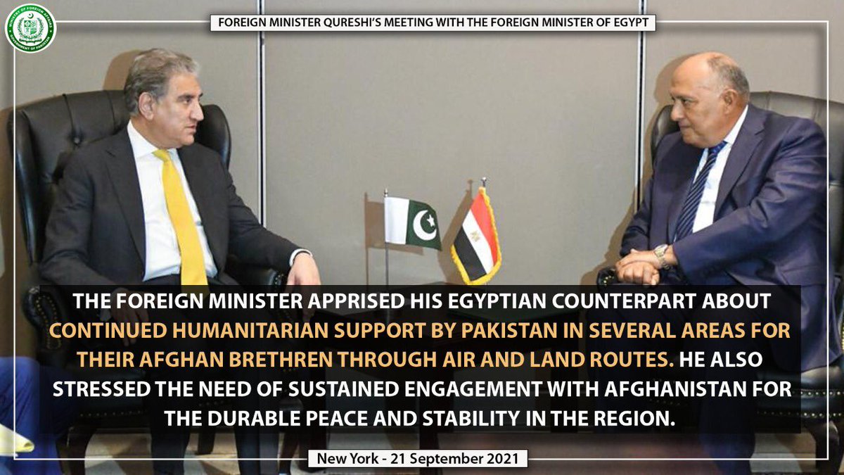 🇵🇰 FM @SMQureshiPTI met 🇪🇬 FM #SamehShoukry on the sidelines of #UNGA. The two Ministers reviewed the entire gamut of 🇵🇰🇪🇬 bilateral relationship, and exchanged views on important developments in ME, Gulf region & SA including the situation in #Afghanistan. 

🇵🇰🤝🇪🇬