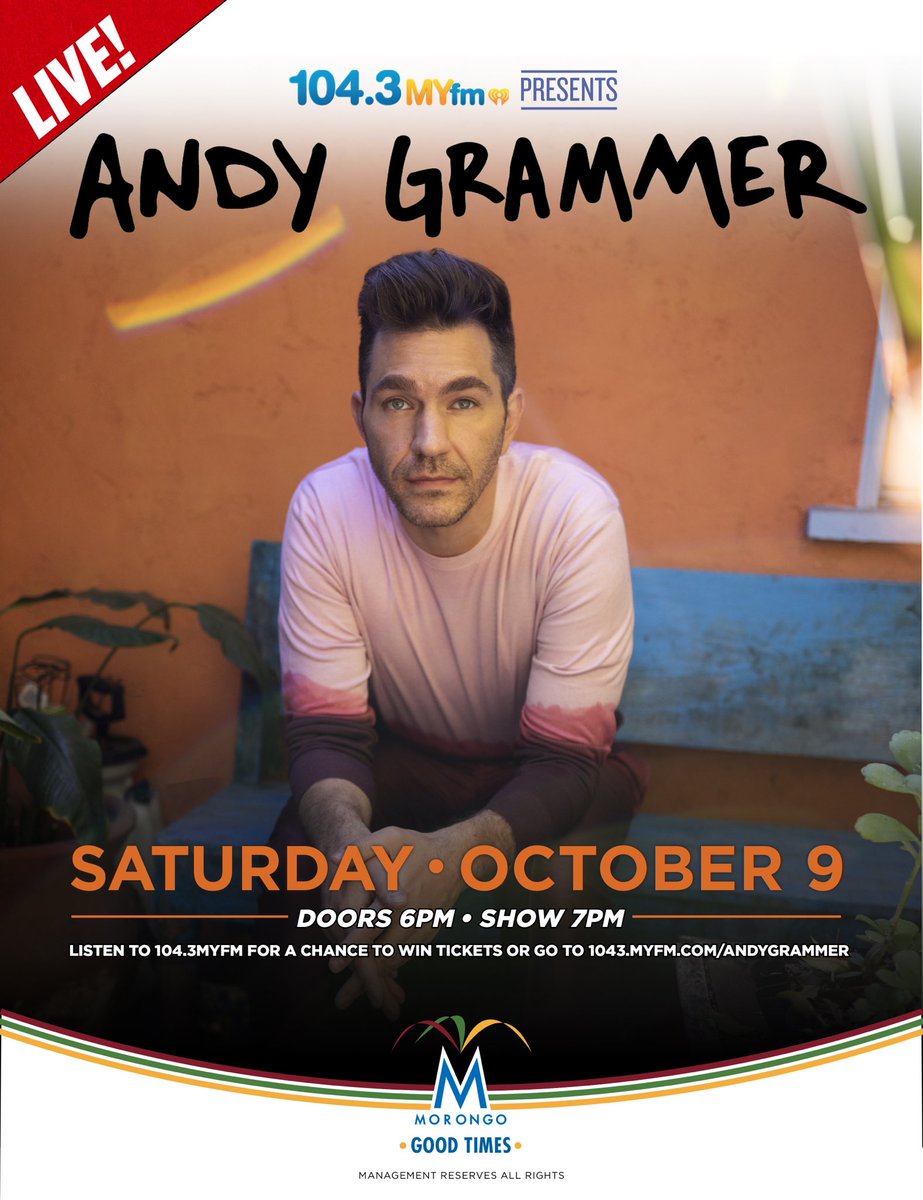 1043MYfm (@1043myfm) on Twitter photo Experience <a href="/andygrammer/">Andy Grammer</a> live & poolside at <a href="/MorongoCasino/">Morongo Casino</a> hosted by <a href="/davestyles/">Dave Styles</a>! 😎 Enter for a chance to win tickets at 1043myfm.com/andygrammer! See you there! 🙌 Experience <a href="/andygrammer/">Andy Grammer</a> live & poolside at <a href="/MorongoCasino/">Morongo Casino</a> hosted by <a href="/davestyles/">Dave Styles</a>! 😎 Enter for a chance to win tickets at 1043myfm.com/andygrammer! See you there! 🙌