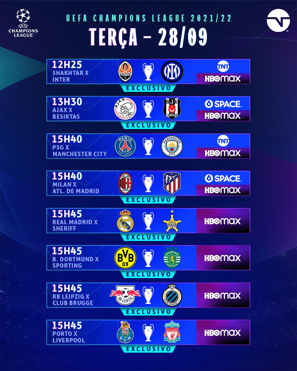 Confira a agenda dos jogos da quarta rodada da UEFA Champions League na  próxima semana