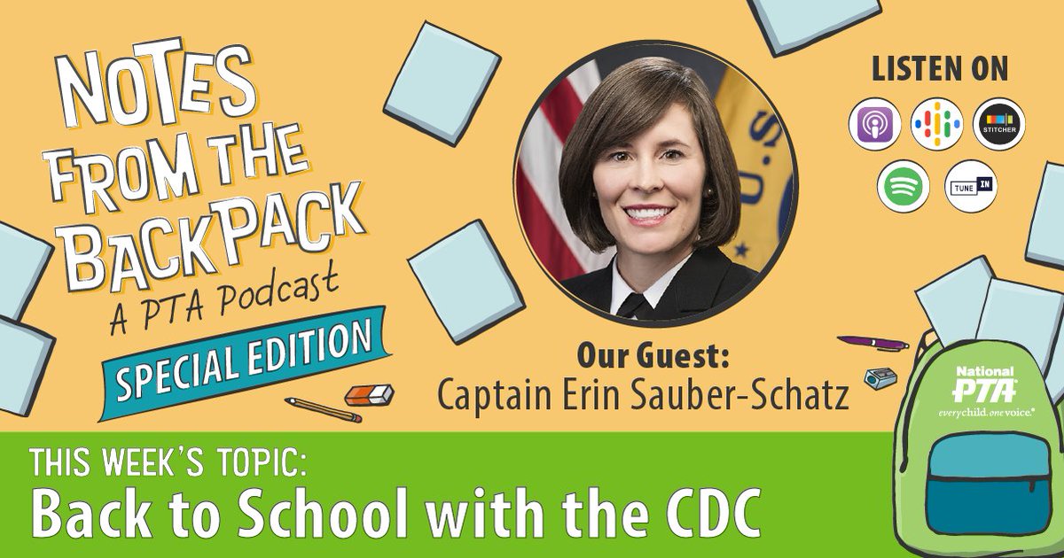 CDCgov's tweet image. Learn how you can keep your kids safe and healthy this year! We sat down with @NationalPTA on their #BackpackNotes podcast to share info parents need as their kids go #BacktoSchool. Listen to the #BackpackNotes podcast wherever you listen or at PTA.org/PodcastEp45. #COVID19
