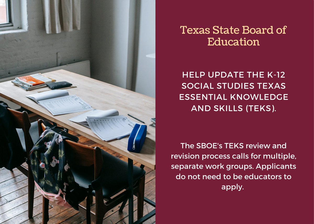 The State Board of Education is now accepting applications from individuals who want to serve on K-12 Social Studies Texas Essential Knowledge and Skills (TEKS) review and revision work groups. To apply, please visit: bit.ly/3EyNL67.