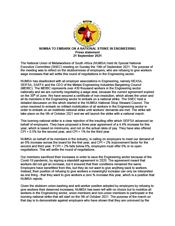 asambleapueblos's tweet image. 🇿🇦 #Hoy, trabajadores agremiados a @Numsa_Media definieron convocar a un huelga nacional indefinida en el sector de Ingeniería a partir del 5 de octubre y hasta que se cumplan una serie de demandas. 

#EngineeringStrike