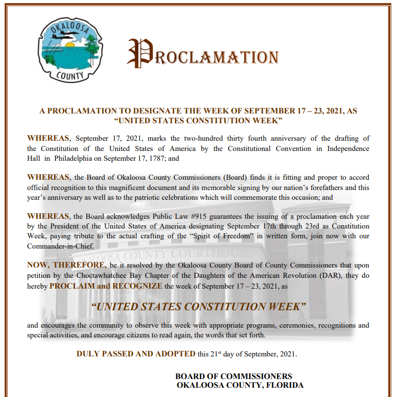 OkaloosaCounty's tweet photo. 🇺🇸 By proclamation, Okaloosa Board of County Commissioners recognizes September 17-23, 2021 as United States Constitution Week. Regent Linda McCooey and Members of the Choctawhatchee Bay Chapter NSDAR were onsite today, to accept the proclamation. #usconstitutionweek https://t.co/eEtFIeFEfm