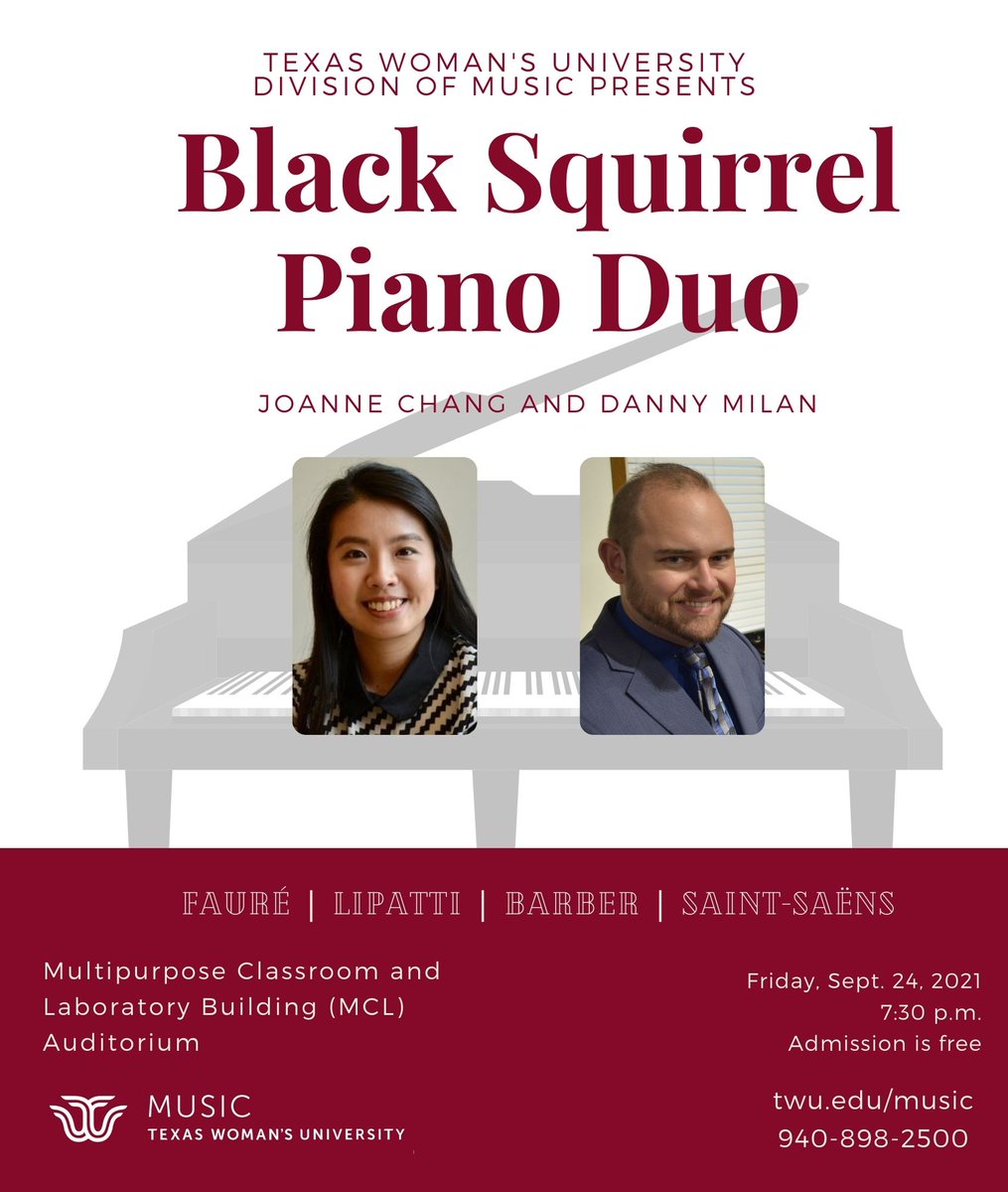 Happy Friday! We're wrapping up our week with a recital featuring the Black Squirrel Piano Duo. Admission is free. Come join us in the MCL Auditorium at 7:30 p.m.