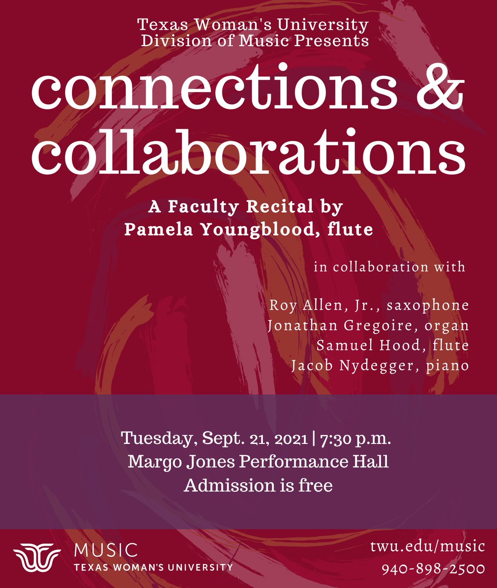 TONIGHT! "Connections &amp; Collaborations," a Faculty Recital by Pamela Youngblood, flute, in collaboration with Roy Allen, Jr., saxophone; Jonathan Gregoire, organ; Samuel Hood, flute and Jacob Nydegger, piano. Admission is free. Livestream: youtube.com/watch?v=eppFsq…