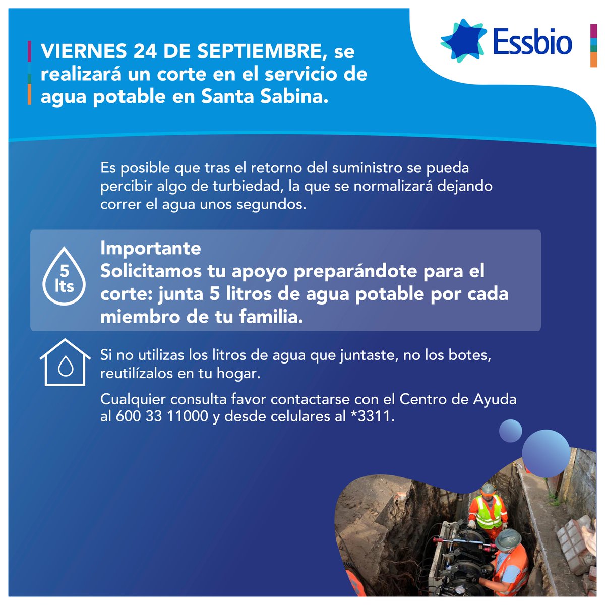 essbio's tweet photo. ¡ATENCIÓN #SANTASABINA! Realizaremos un corte programado en el sector este viernes 24, desde las 22:00 hrs hasta las 07:00 AM del sábado 25. Agradecemos la comprensión y te sugerimos juntar 5 litros de agua por persona. #SoyTuAguaSiempre💧🚰 #Concepción @Muni_Concepcion  @biobio https://t.co/RlMIH5lrxk