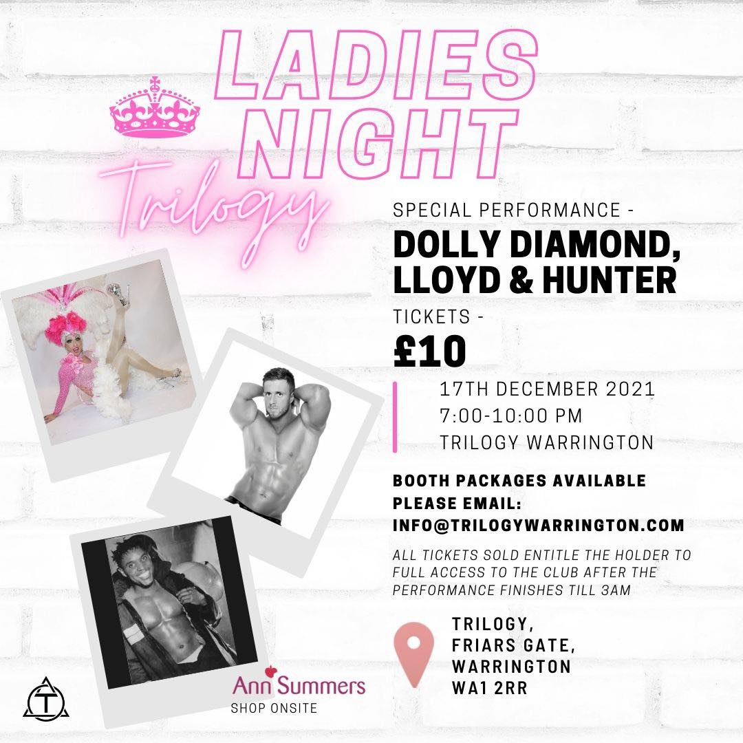 💞LADIES NIGHT @ TRILOGY💞
📆FRIDAY 17.12.21 19:00📆
Join Lloyd &amp; Hunter for a hosted night of entertainment @ Trilogy Warrington! 🥂🍾 Something special you've never seen before... two gorgeous male strippers and our fabulous Dolly Diamond resident drag queen👑
LINK IN BIO⭐️