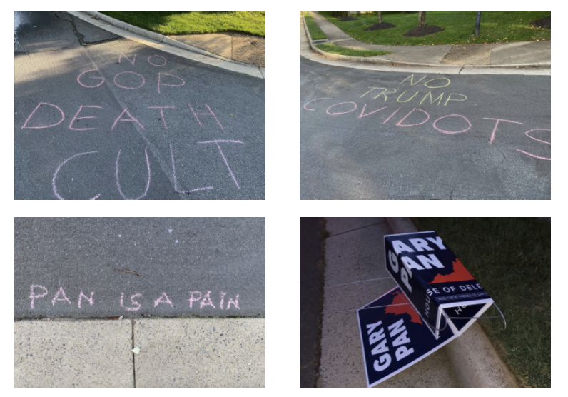 PanForVirginia's tweet photo. Last night, my opponent's supporters vandalized the roads and destroyed our yard signs outside of our Meet and Greet in the River Crest neighborhood of Sterling.

On top of this, they harassed the caterer and guests.

@kmurphyva, do you support this kind of behavior? https://t.co/3W1ZxmjKOx