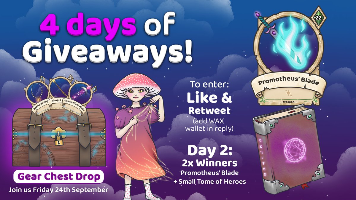 It's Day 2 of the #giveaway! You know what to do: Like, retweet and leave your WAX wallet address in a reply! Both winners will receive the Promotheus' Blade NFT and a Small Tome of Heroes. Good luck!
#NFTs #NFTGiveaways #NFTDrop #WAXGaming