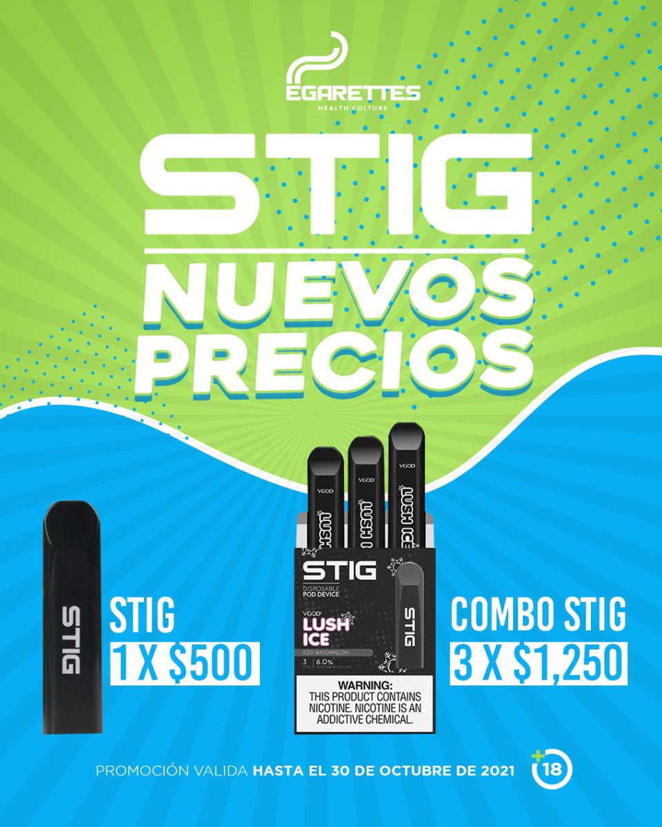 egarettesdr's tweet photo. ¡Te traemos un súper descuento! Para que disfrutes de una experiencia única.😎

NUEVOS PRECIOS STIG 
1 x RD$500 ITBIS incluido
3 x RD$1,250 ITBIS incluido

Visita tú sucursal #Egarettes más cercana o ordena por la página web https://t.co/9QxrnMbI1f, hasta el 30 de octubre. 🏠💚 https://t.co/bt80aU4zLI