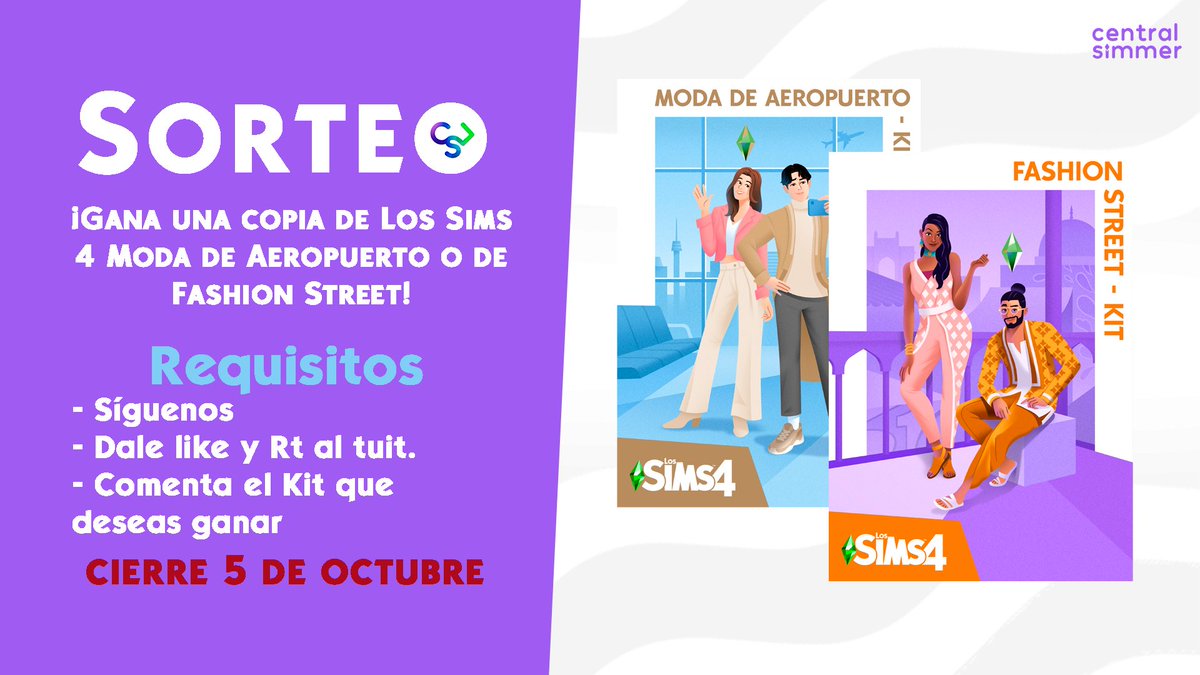 ▪️SORTEO:  🚨💫

¡Gana una copia digital de Los Sims 4 Moda de Aeropuerto Kit o Fashion Street Kit!

REQUISITOS:

- Síguenos
- Dale like y RT a este tuit
- Comenta el Kit que deseas ganar.

Sorteo internacional - SOLO PC/Mac
Finaliza el 5 de octubre 2021.