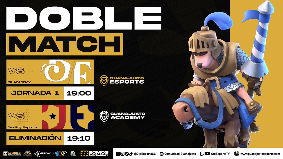 GtoEsportsGG's tweet image. ¡𝗗𝗢𝗕𝗟𝗘 𝗝𝗢𝗥𝗡𝗔𝗗𝗔! 🔥🦁

Iremos a buscar la victoria en contra de @BFAcademyGG 🦁🔥

Al igual que los chicos del academy en contra de @DeS_ClashRoyale. 🦁🎮

¡Vamos señores! 🦁🖤💛

#SomosGuanajuato