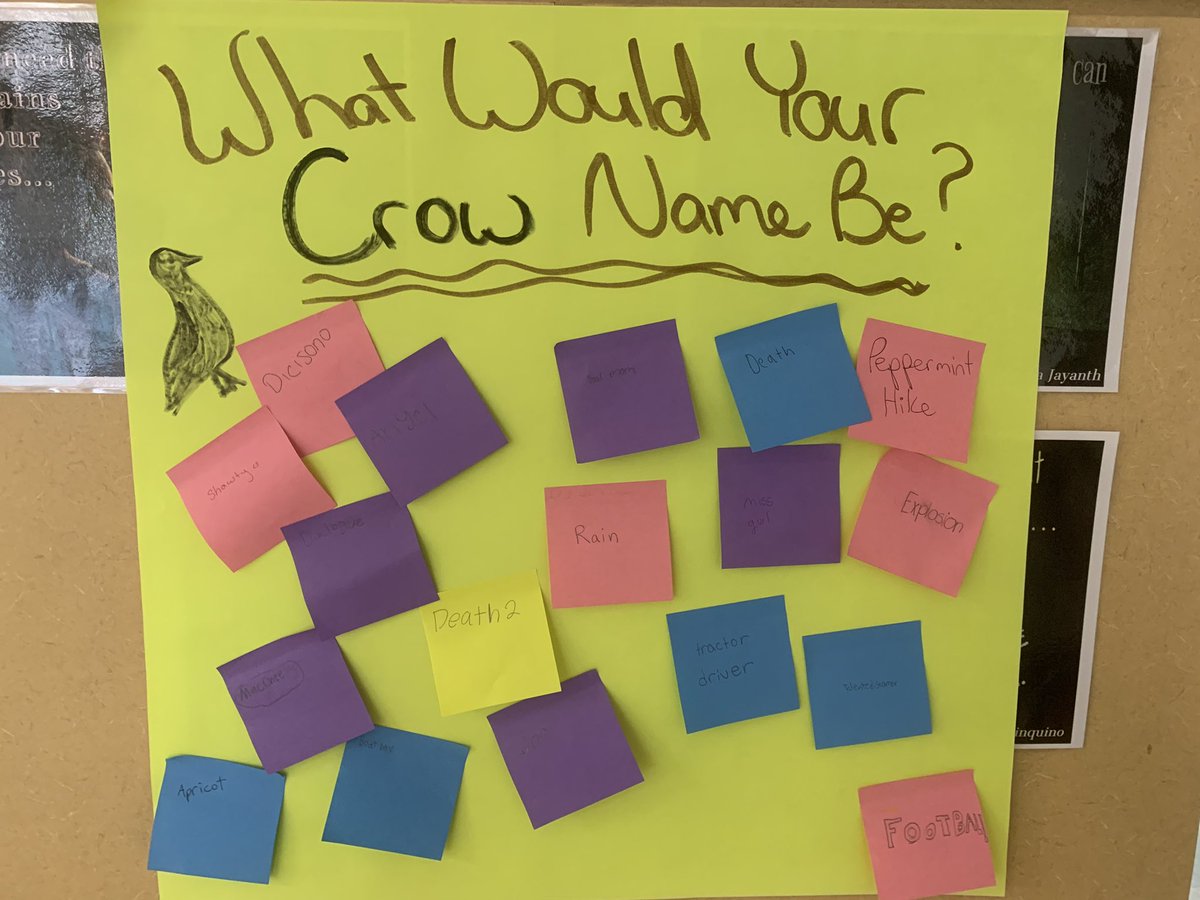 So far we’re enjoying the #OneSchoolOneBook readings of #Wishtree by Katherine Applegate. Our homeroom came up with some of their own Crow names today.