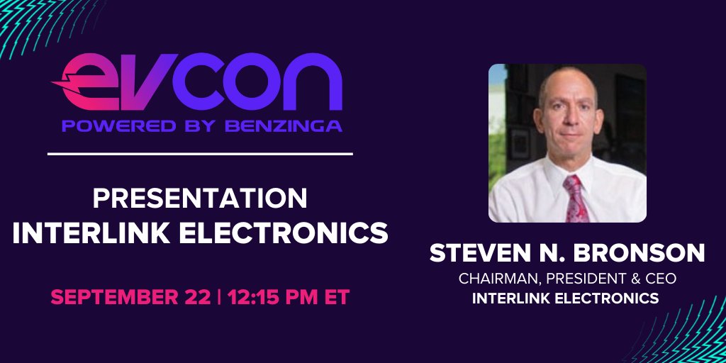 Interlink's tweet image. Interlink Electronics is excited to be speaking at the @benzinga Electric Vehicles Conference on September 22. Grab a FREE ticket to hear from the innovators who are driving the #EV industry forward: BZEVCon.com #ElectricVehicles #EVstocks #EVs