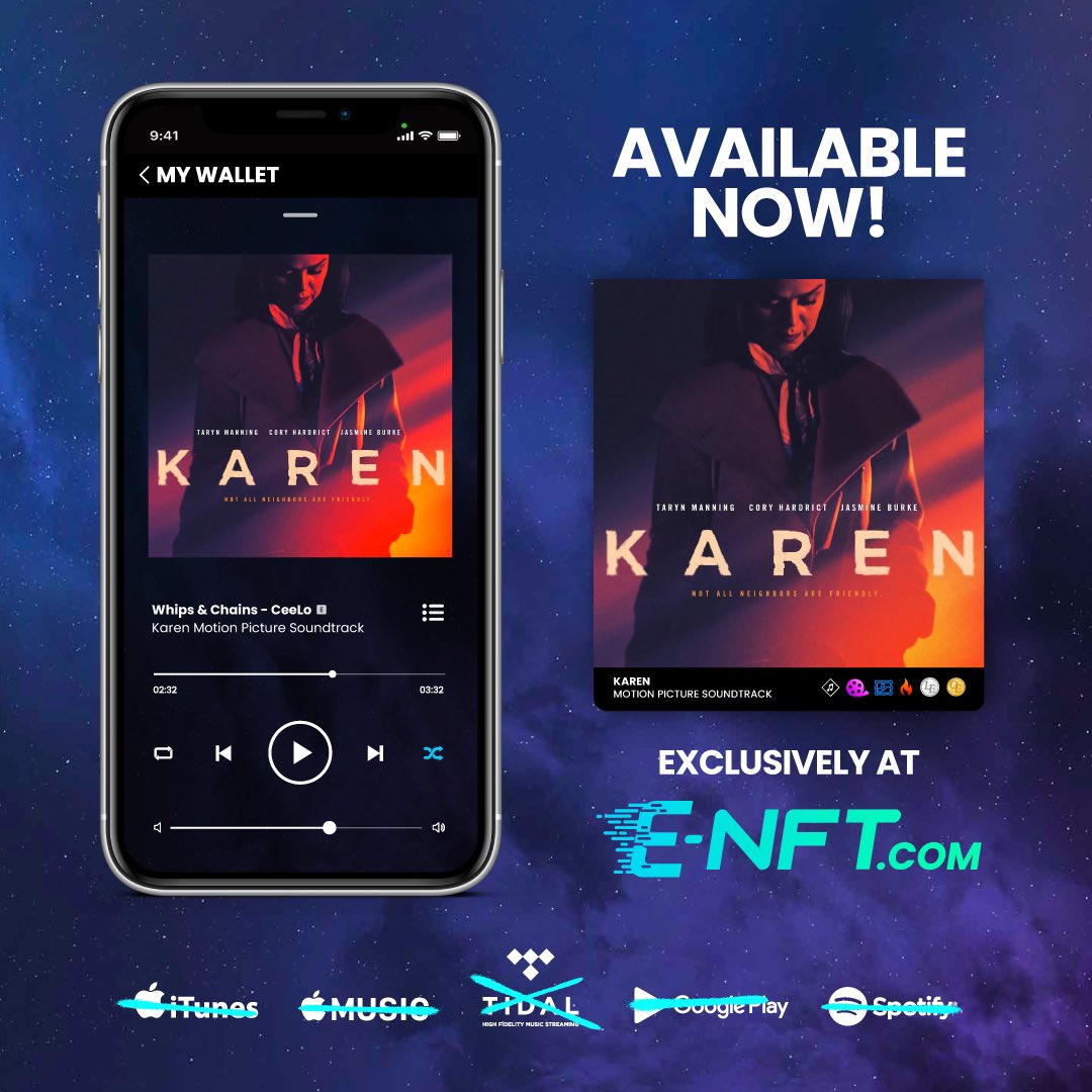 It's official, we've launched the world's first NFT streaming movie soundtrack, from Karen - The Movie, with Grammy Winners Om'Mas Keith and Adrian L. Miller of A Tiny Universe!🎬

Go to E-NFT.com now to grab your copy today⭐️

Be a part of history today! 💥