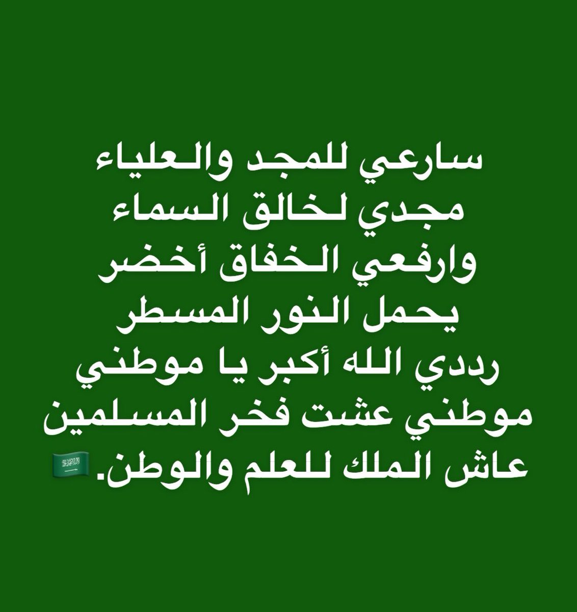 سارعي للمجد والعلياء
مجدي لخالق السماء
وارفعي الخفاق أخضر
يحمل النور المسطر
رددي الله أكبر يا موطني
موطني عشت فخر المسلمين
عاش الملك للعلم والوطن