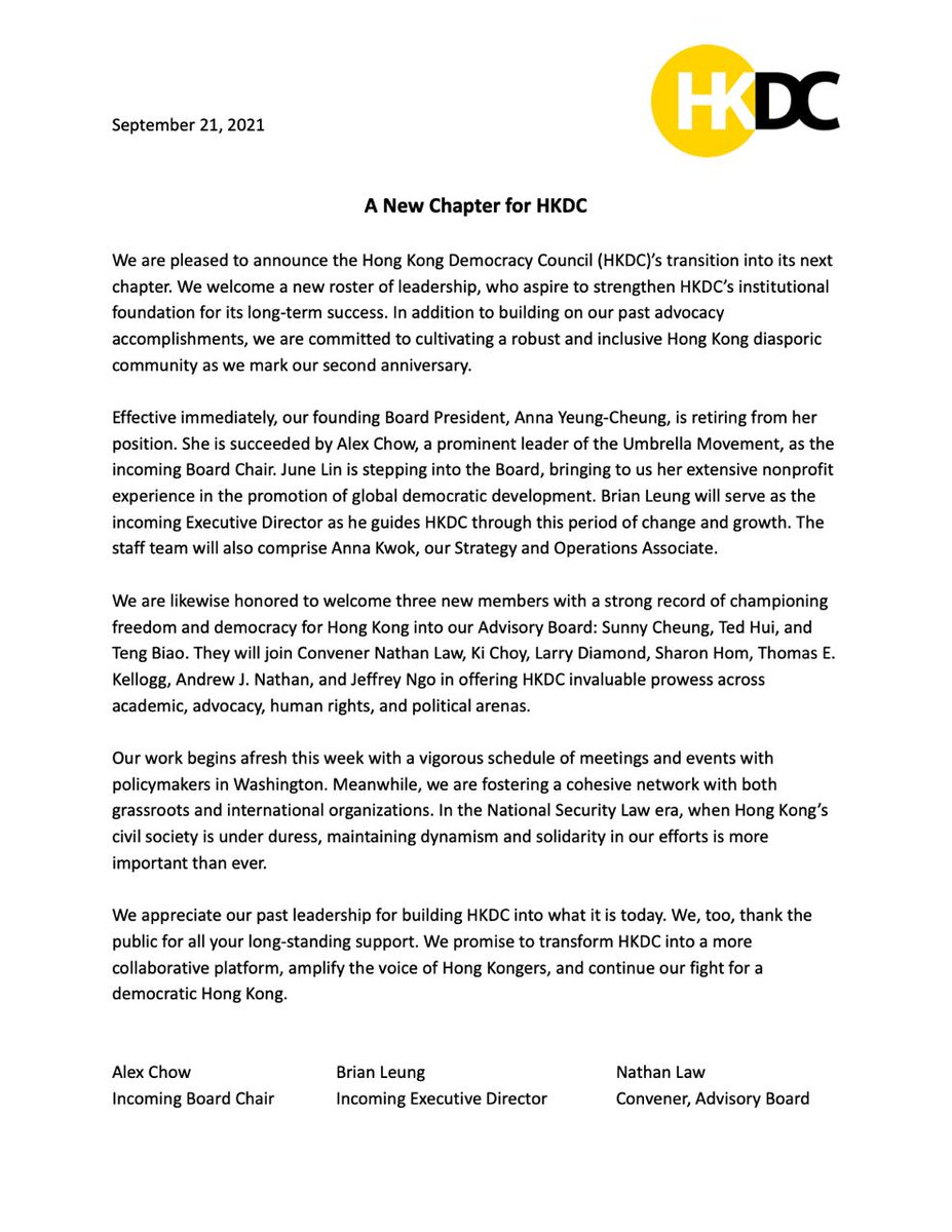 A statement from our Incoming Board Chair <a href="/alexchow18/">Alex Chow 周永康</a>, Incoming Executive Director <a href="/BrianLeungKP/">Brian Leung</a>, and Convener of the Advisory Board <a href="/nathanlawkc/">Nathan Law 羅冠聰</a>.
