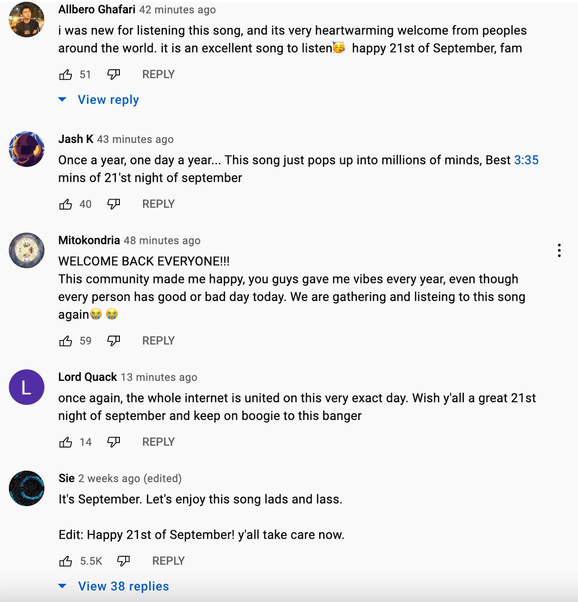 happy 21st of september! the best corner of the internet today is the YouTube comment's on Earth, Wind &amp; Fire's music video for "September"