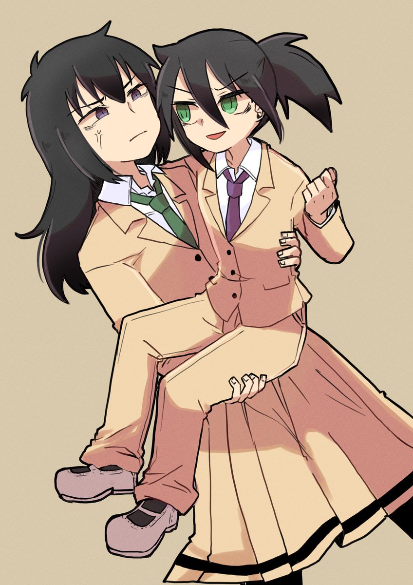 kuroki tomoko multiple girls 2girls black hair school uniform long skirt necktie anger vein  illustration images