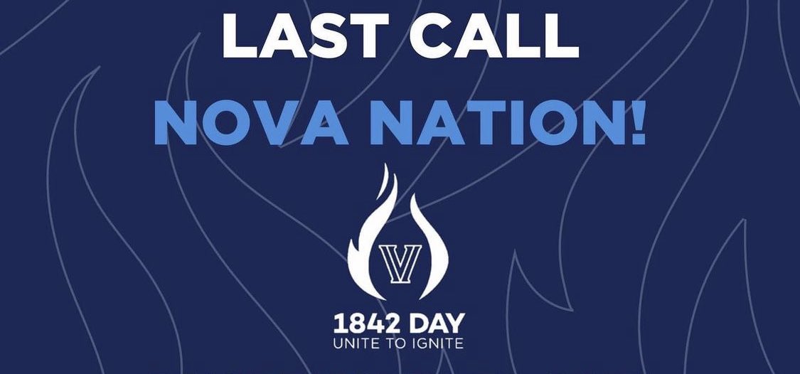 NovaNationer's tweet photo. Last call to support #1842Day by midnight here: https://t.co/tBCadRZ4zt! Thank you to all Villanovans who gave back today! ✌️#NovaNation https://t.co/WfNQBjC2Ni