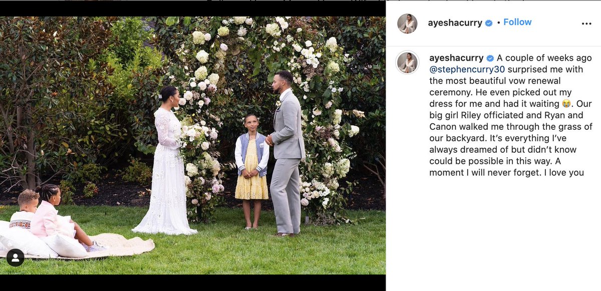 BleacherReport's tweet photo. .@StephenCurry30 and @ayeshacurry renewed their wedding vows and Riley officiated.

So wholesome ❤️ https://t.co/C6mcbJoLKH