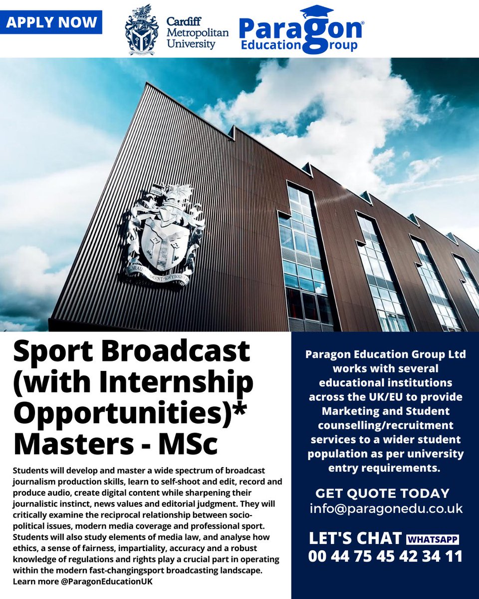 ParagonEduUK's tweet photo. This master's degree course has been written in collaboration with sport broadcast journalists from the BBC, ITV, Sky Sports and the Broadcast Journalism Training Council. #Apply_Here today : https://t.co/FKevOF6pp7
#studyabroad #placement #courses https://t.co/WKsaq1aAas