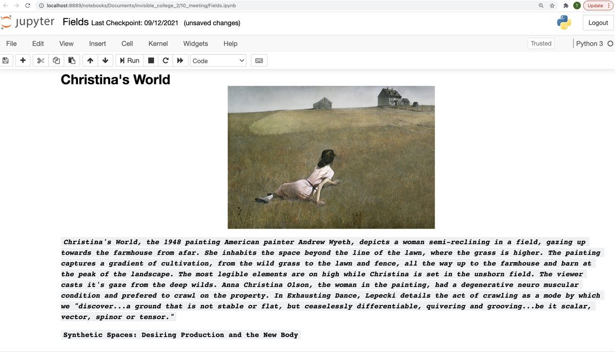 #Fields #AndrewWyeth #ChristinasWorld #VectorField #ScalarField #GradientField #Lepeki #Quiver #Crawl #BeyondTheLawn #AnnaChristinaOlson #SyntheticSpaces #DesiringProduction #TheNewBody