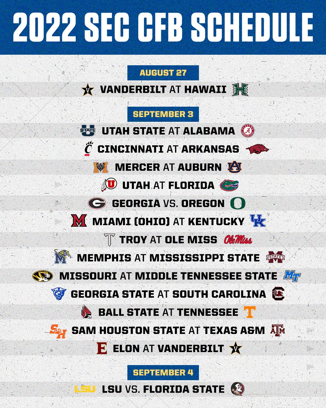 Houston Football Schedule 2022 Sec Network On Twitter: "2022 Sec Football Schedule Release 🏈 Week 0 & 1  ⬇️ Https://T.co/D1Bg5Gscrx" / Twitter