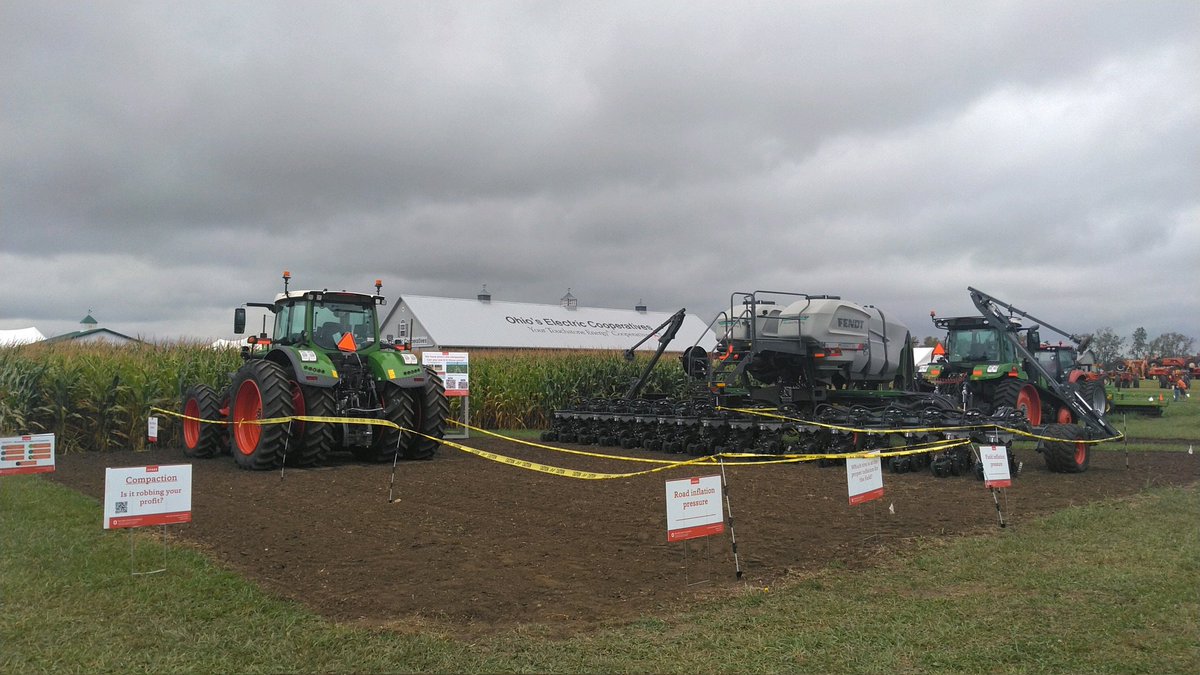 OhioStatePA's tweet photo. Tracks, proper tire pressure, and equipment setup. Stop out at the @OhioStateFSR Agronomic Crops area to learn about #agtech to help reduce soil compaction. #CompactIntel @Fendt_NA @AGCOcorp https://t.co/eWlyI0NEEI