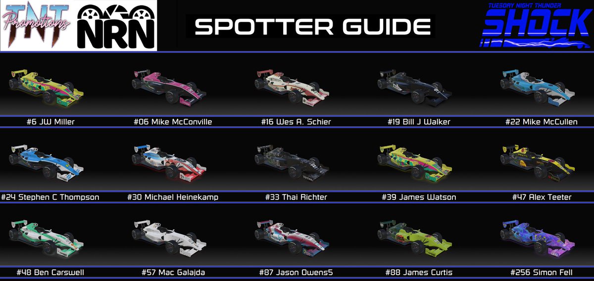 TNTLeagueRacing's tweet photo. Presented in broadcast order!
Your #TNTRockBlock Spotter Guides for Round 2! Made possible in conjunction w/ @SunArc_Graphics and EchoBlade (add to your Steam Wishlist!)
3+ Hour broadcast windows thunders into your home starting at 8p ET!!
#FreeVee #TNTBolt #TNTShock https://t.co/n5ib4Z6WXt