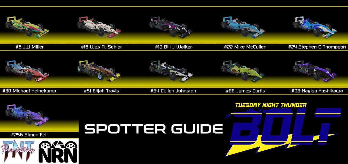 TNTLeagueRacing's tweet photo. Presented in broadcast order!
Your #TNTRockBlock Spotter Guides for Round 2! Made possible in conjunction w/ @SunArc_Graphics and EchoBlade (add to your Steam Wishlist!)
3+ Hour broadcast windows thunders into your home starting at 8p ET!!
#FreeVee #TNTBolt #TNTShock https://t.co/n5ib4Z6WXt