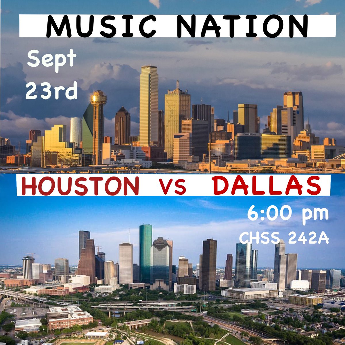 shsumusicnation's tweet photo. ‼️HOUSTON VS DALLAS‼️ Pull up this Thursday at 6 pm in CHSS 242A let’s see who winning this one #shsu #shsu25 #shsu24 #shsu23 #shsu22 #shsu21🆚 🤔 https://t.co/9jHjG5fsma