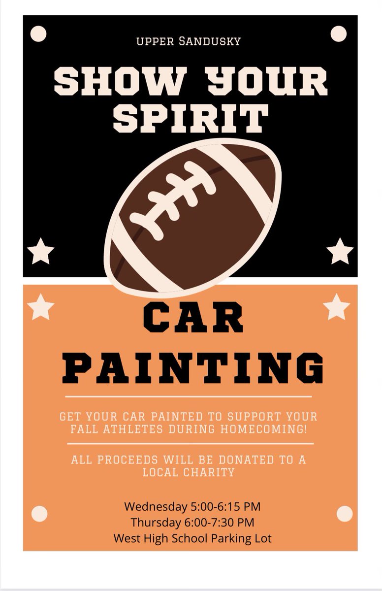 The Upper Sandusky football cheerleaders are accepting donations for a local charity &amp; painting car windows!! Come show your support!🖤🧡 (all members of the community are welcome)
