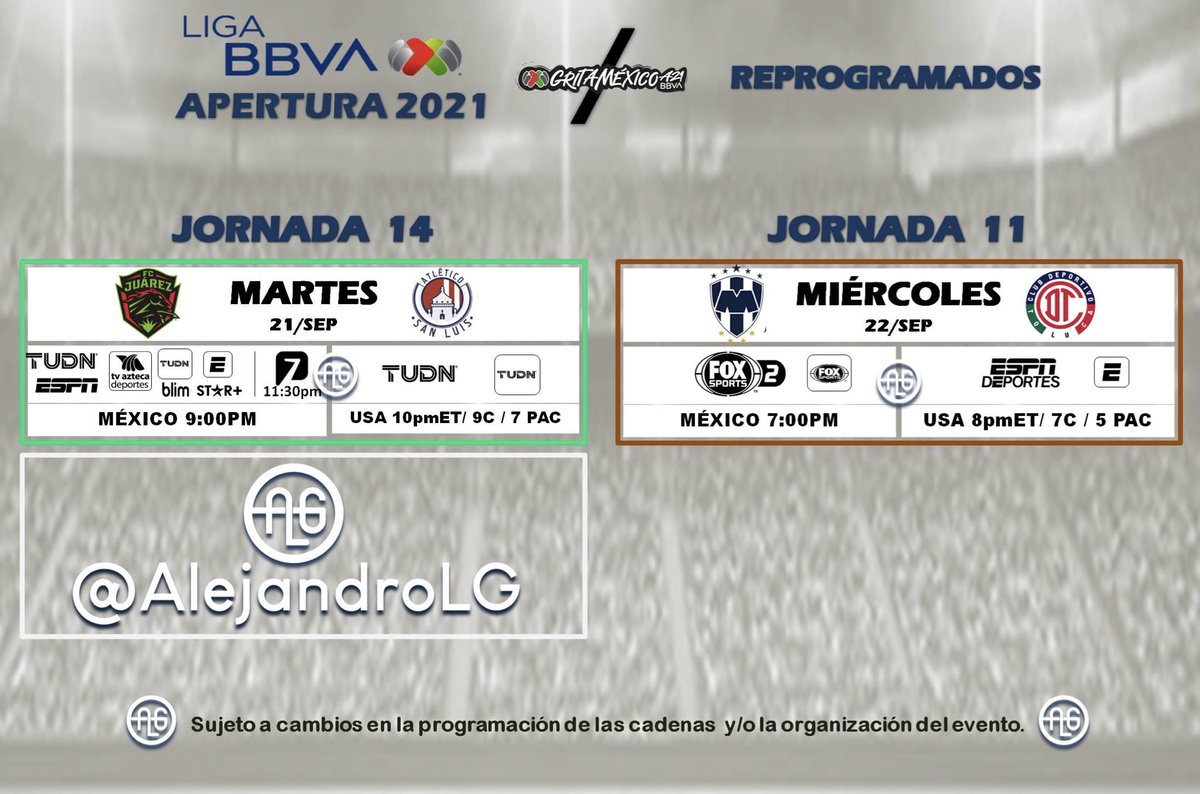 AlejandroLG's tweet photo. 🔃RT @LigaBBVAMX ⚽️
#Apertura2021 #REPROGRAMADOS
#Jornada14 #Jornada11
🕛HORARIOS|TRANSMISIÓN TV📡📺📲 🇲🇽 MÉXICO y 🇺🇸EE.UU. #ALG https://t.co/rlkDLmMFlk