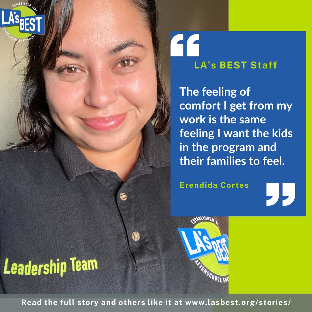 Check out this feel-good story to learn more about #LAsBESTAfterschool Staff Member Erendida Cortes and why LA’s BEST feels like home to her. This 2-minute story and many more like it will leave you feeling inspired. Read more at: lasbest.org/stories/.
